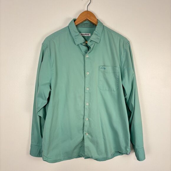 Tommy Bahama Men's Large Aqua Blue Cotton Silk Blend Button Up Shirt - Picture 2 of 10